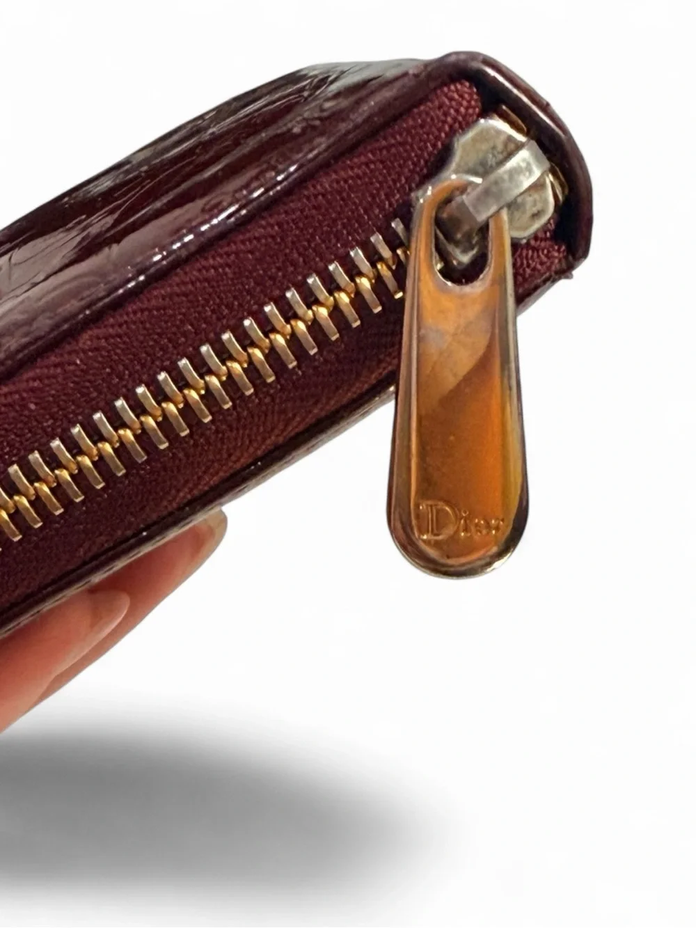 Christian Dior Vintage Trotter Print Patent Leather Long Zip Wallet | Burgundy